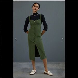 Maeve by Anthropologie Moss Green Knit Button Front Midi Jumper Dress Size 8